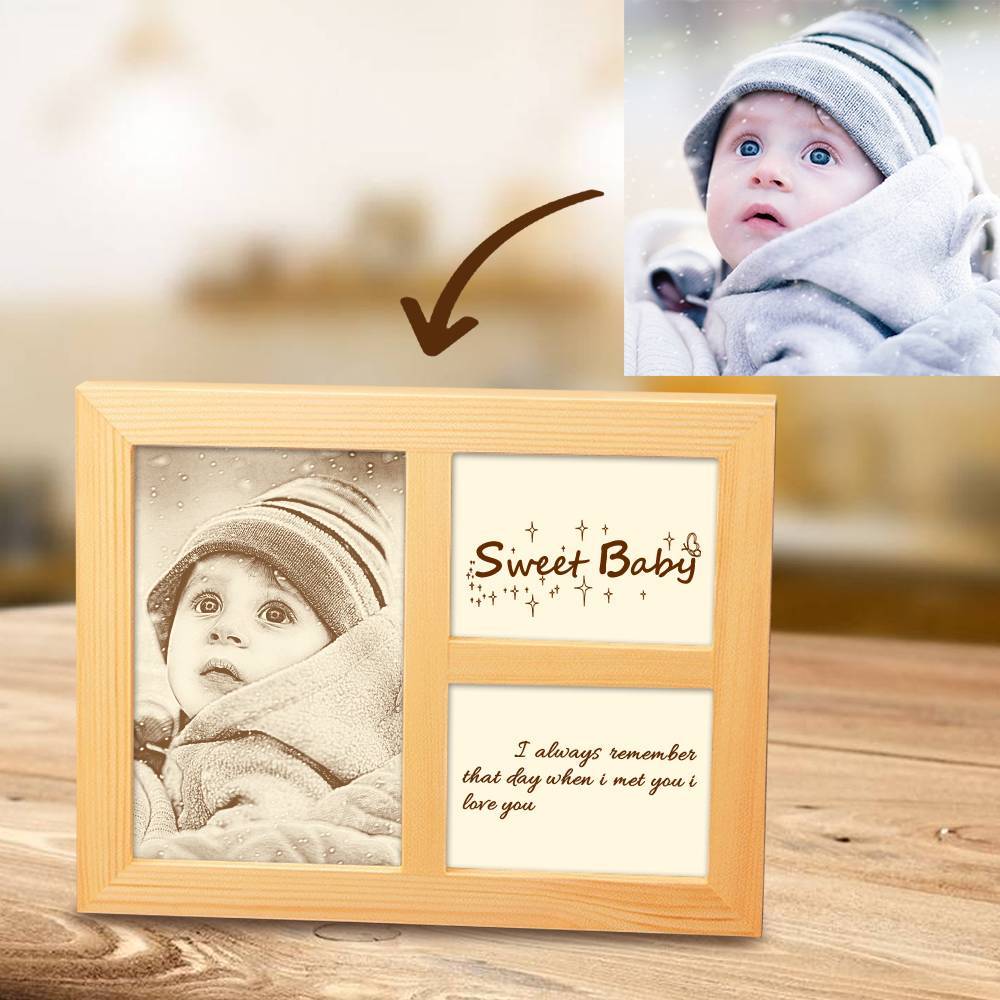 Personalisierter Holzrahmen mit graviertem Foto - Dekoration für Zuhause, mit Sketch-Effekt, 10 Zoll, für Baby